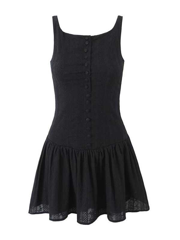 kurzes, einreihiges Spitzenkleid mit einem Träger, großem Rückenausschnitt und schmaler Krempe. 