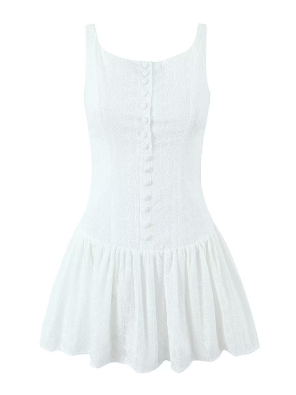 kurzes, einreihiges Spitzenkleid mit einem Träger, großem Rückenausschnitt und schmaler Krempe. 