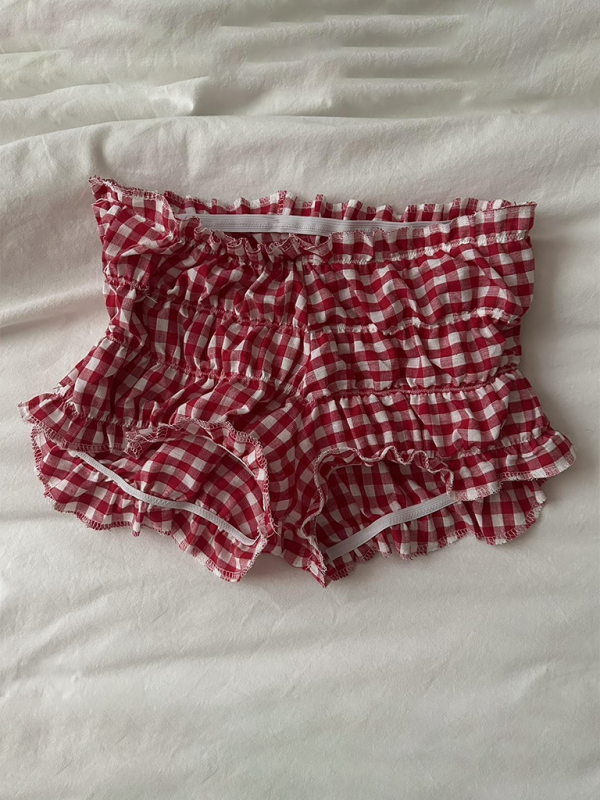 Lässige Karoshorts, modische Spitze, sexy Damenhose mit niedrigem Bund 