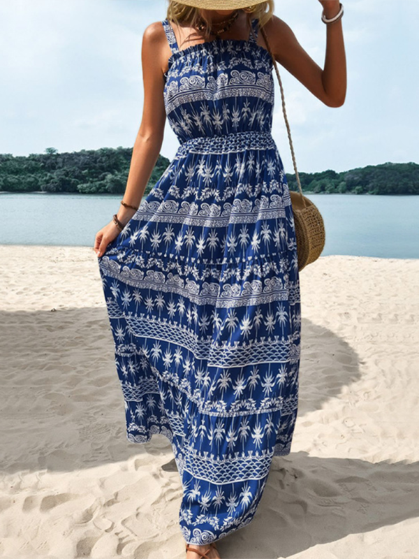 Robe longue décontractée et confortable à bretelles fines et sans manches, style resort, taille haute. 