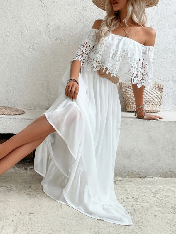 Schulterfreies Kleid mit Guipure-Spitze und Rüschensaum 