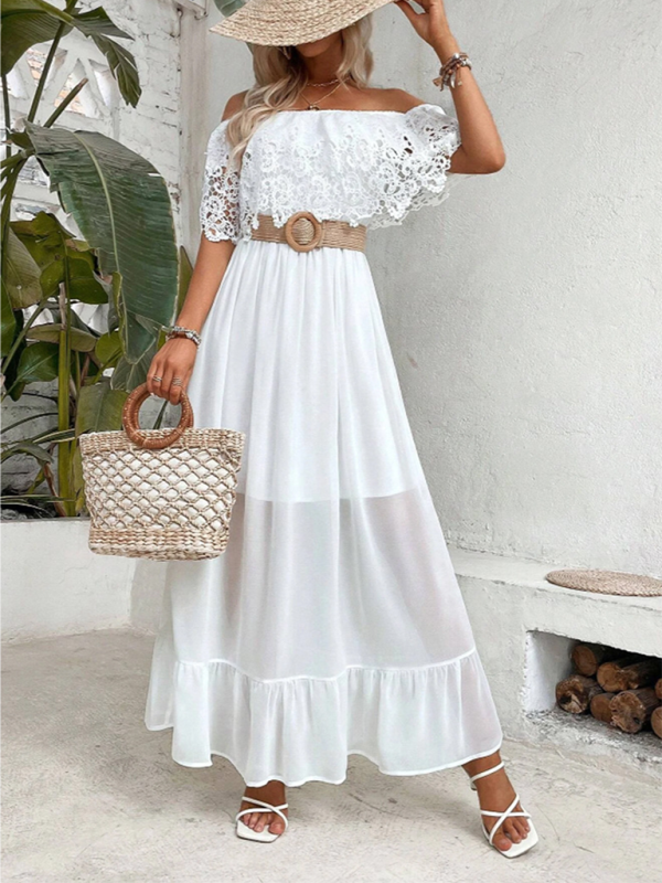 Schulterfreies Kleid mit Guipure-Spitze und Rüschensaum 