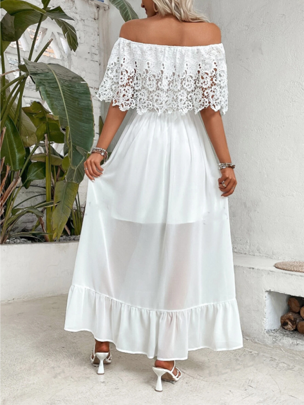 Schulterfreies Kleid mit Guipure-Spitze und Rüschensaum 
