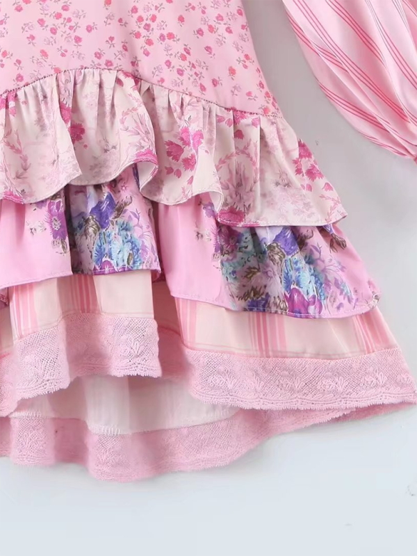 Neues langärmeliges Kleid mit Farbblock-Spitzendetails 