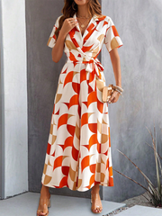 Women's Temperament Short Sleeve Contrast Color Print High Waist Jumpsuit – front view