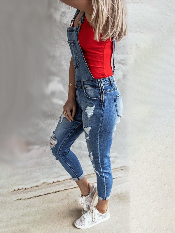 Vintage ripped stretch denim overalls – side view