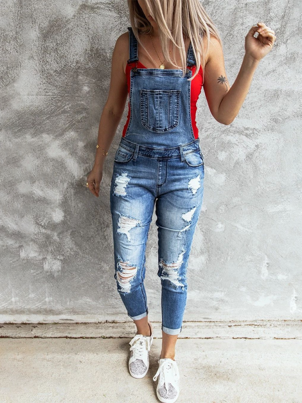 Vintage ripped stretch denim overalls – back view