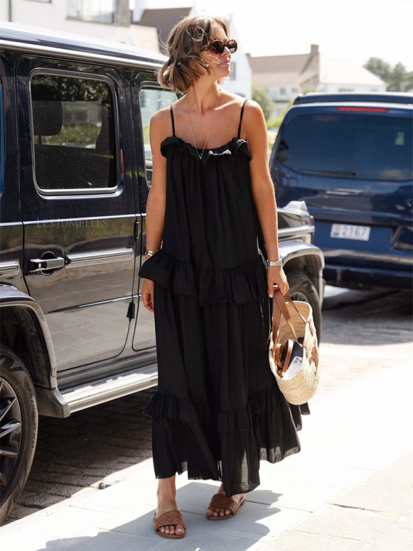 Neues, lässiges, langes Rüschenkleid mit langem Schwung und elegantem Strandkleid 