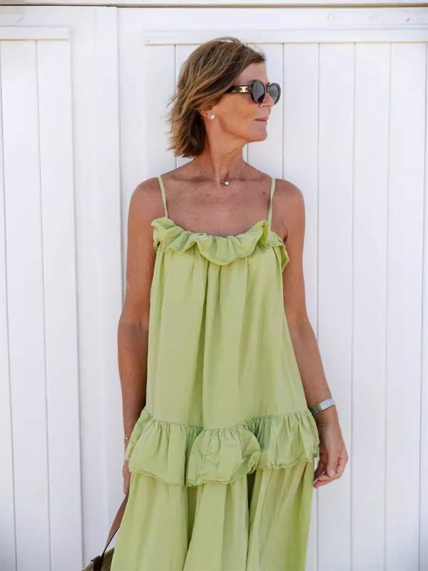 Neues, lässiges, langes Rüschenkleid mit langem Schwung und elegantem Strandkleid 