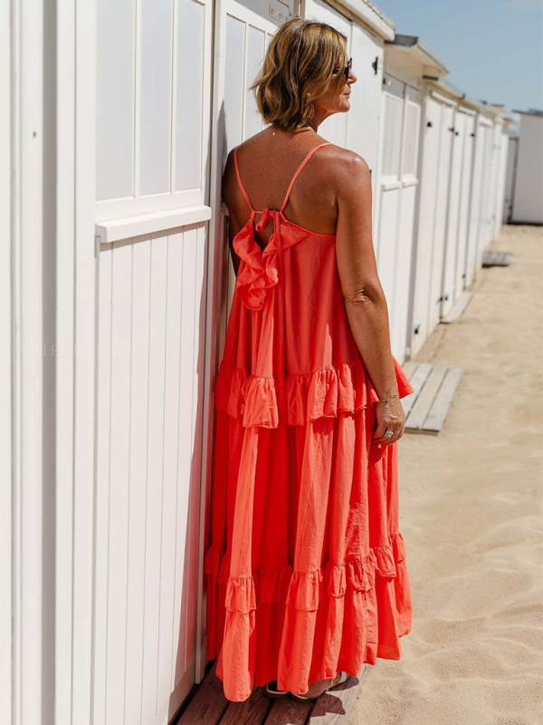 Neues, lässiges, langes Rüschenkleid mit langem Schwung und elegantem Strandkleid 