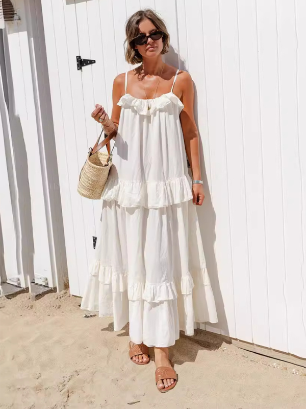 Neues, lässiges, langes Rüschenkleid mit langem Schwung und elegantem Strandkleid 