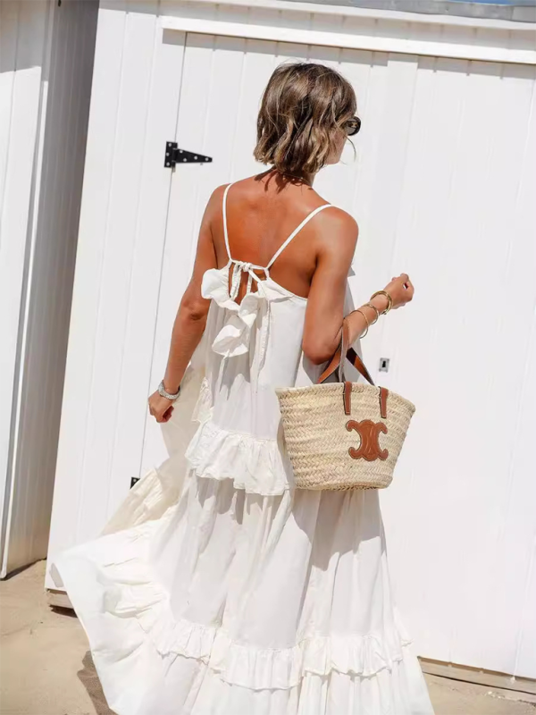 Neues, lässiges, langes Rüschenkleid mit langem Schwung und elegantem Strandkleid 