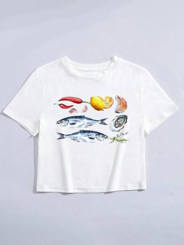 Nouveautés Femme T-shirt à col rond, imprimé nombril, manches courtes 