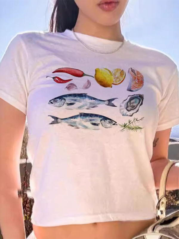 Nouveautés Femme T-shirt à col rond, imprimé nombril, manches courtes 