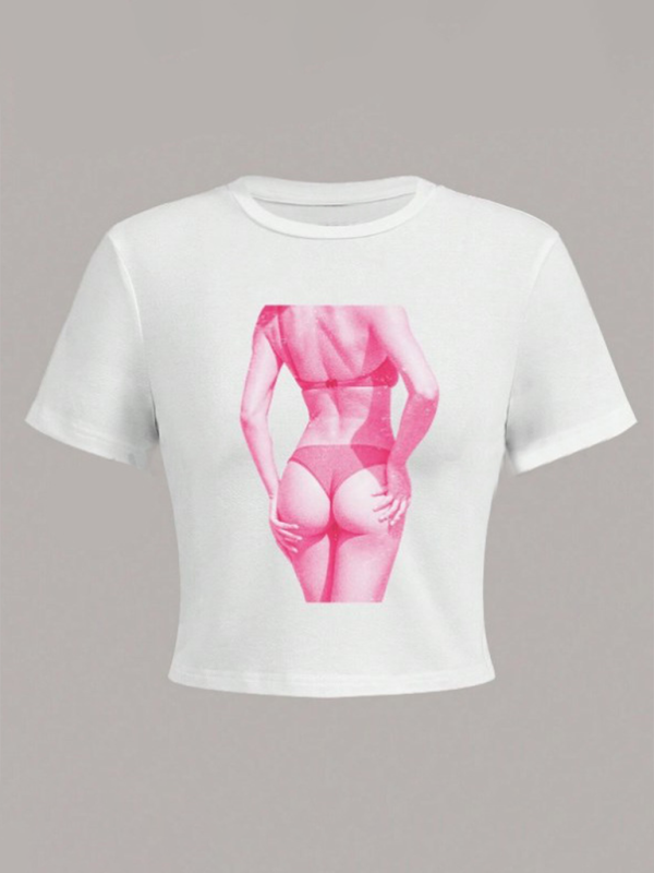 Nouveautés Femme T-shirt à col rond, imprimé nombril, manches courtes 