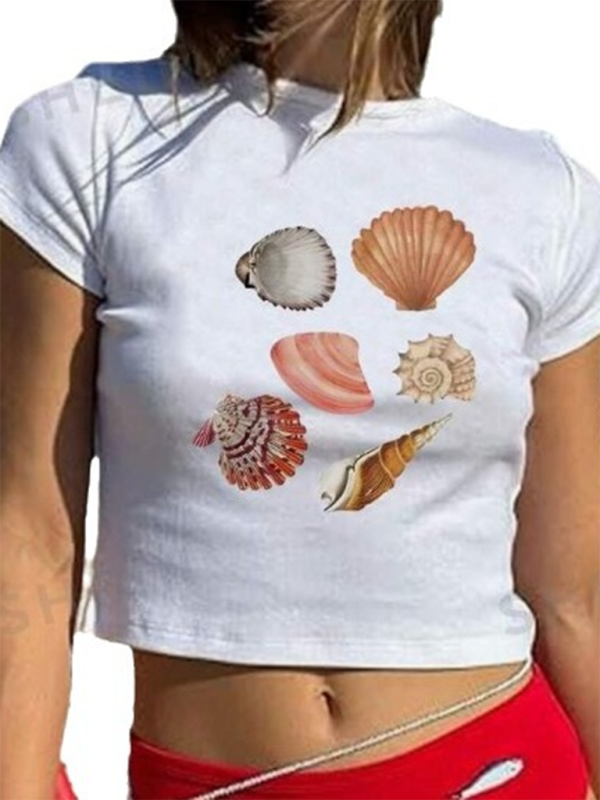 Nouveautés Femme T-shirt à col rond, imprimé nombril, manches courtes 