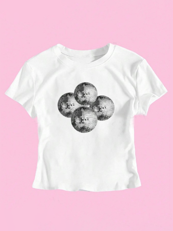 Nouveautés Femme T-shirt à col rond, imprimé nombril, manches courtes 