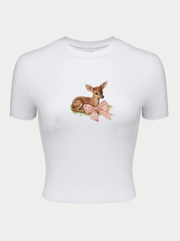 Nouveautés Femme T-shirt à col rond, imprimé nombril, manches courtes 