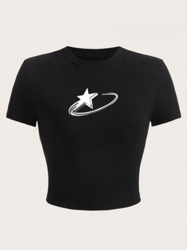 Nouveautés Femme T-shirt à col rond, imprimé nombril, manches courtes 