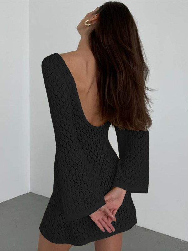 New beach dress solid color sexy knitted hollow bikini swimsuit cover up sun protection clothing – detail view