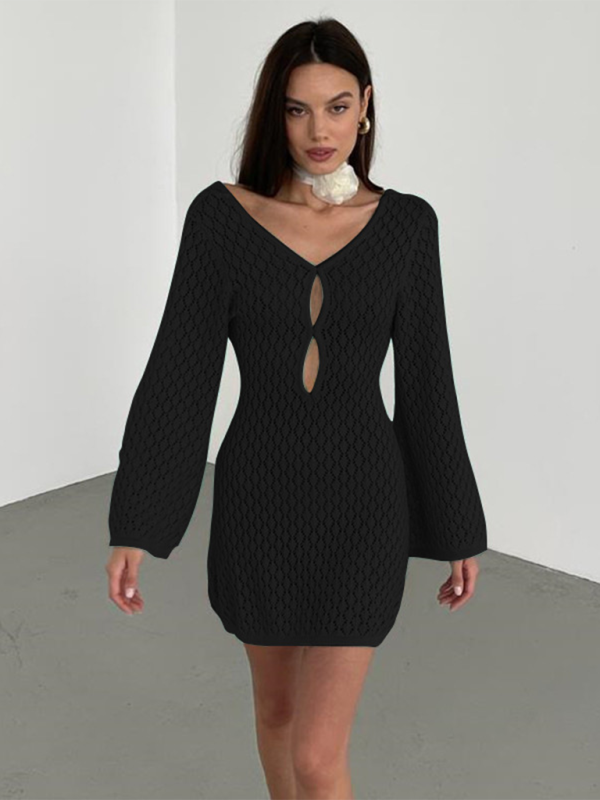 Neues Strandkleid, einfarbig, sexy, gestricktes Bikini-Cover-up mit Lochmuster, Sonnenschutzkleidung 