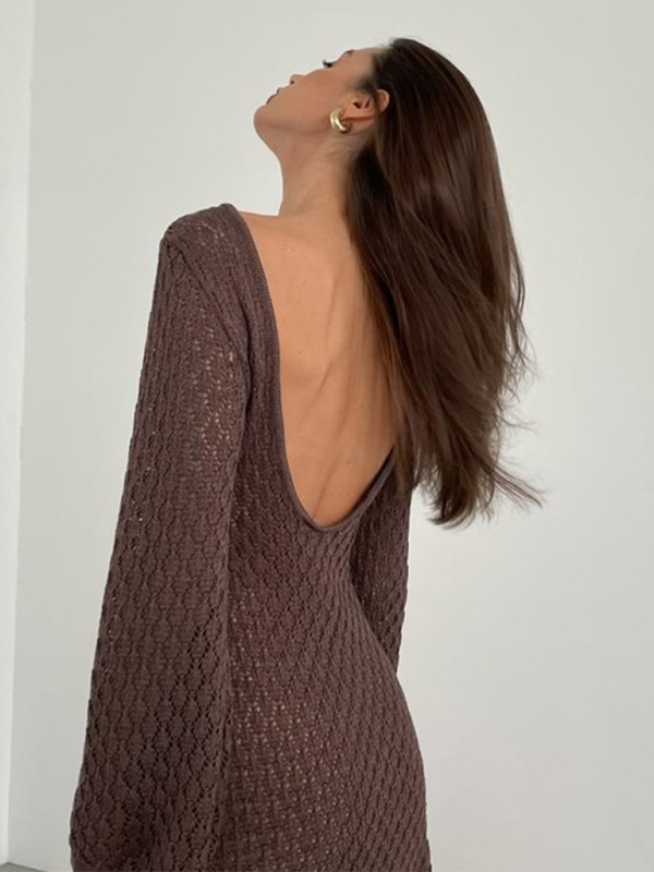 Neues Strandkleid, einfarbig, sexy, gestricktes Bikini-Cover-up mit Lochmuster, Sonnenschutzkleidung 