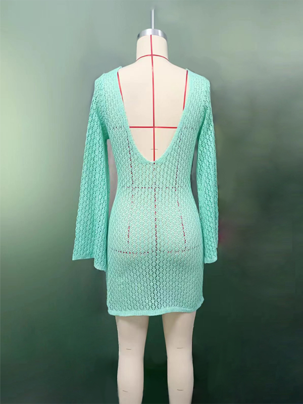 New beach dress solid color sexy knitted hollow bikini swimsuit cover up sun protection clothing – side view