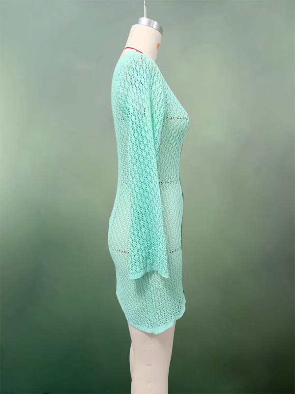 New beach dress solid color sexy knitted hollow bikini swimsuit cover up sun protection clothing – back view