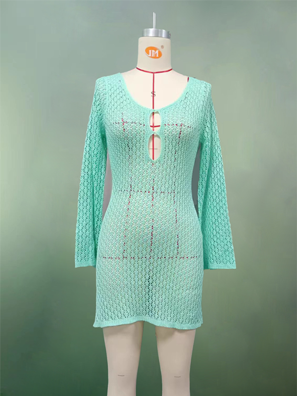 New beach dress solid color sexy knitted hollow bikini swimsuit cover up sun protection clothing – detail view