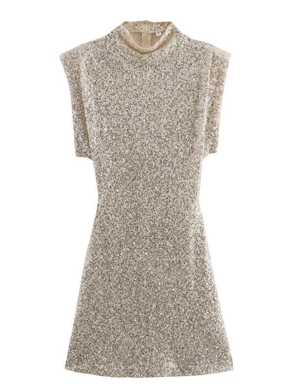 New women's high collar padded shoulder sequin dress