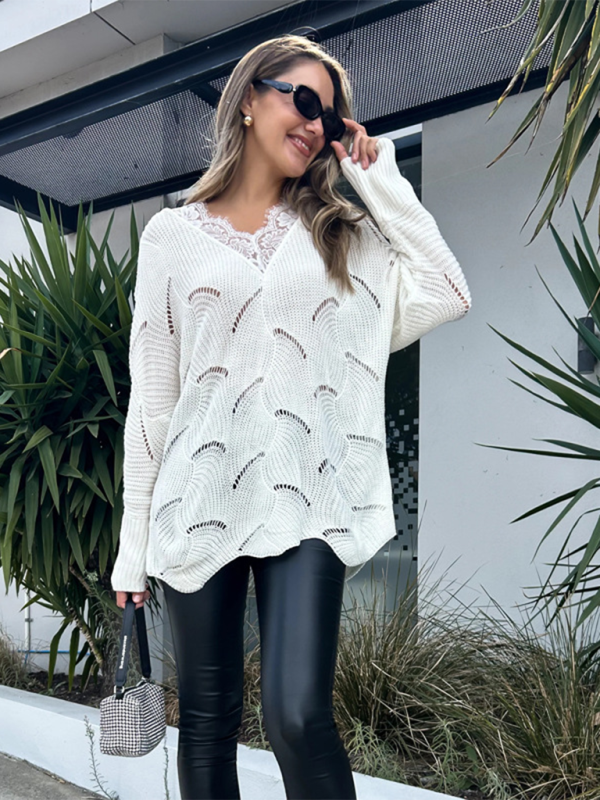 Women's lace stitching mid-length white sweater