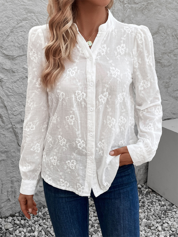 Women's Cardigan Shirt Long Sleeve Hollow Lace Top Jacquard Shirt