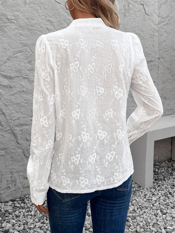 Women's Cardigan Shirt Long Sleeve Hollow Lace Top Jacquard Shirt