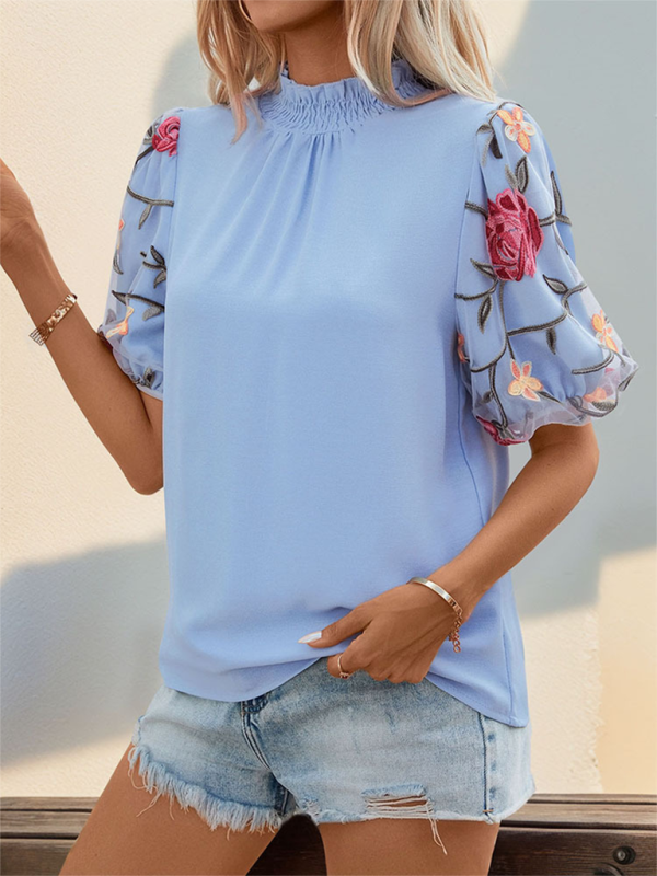 New embroidered mesh splicing short-sleeved shirt with stand-up collar and elegant shirt