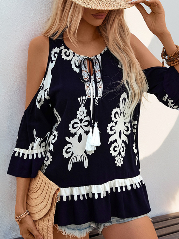 New Retro Comfortable Cold Shoulder Shirt Lace-up Tassel Lace-up Shirt