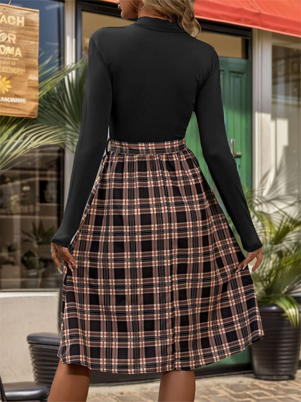 New style stand-up collar slim fit elegant plaid long skirt splicing dress