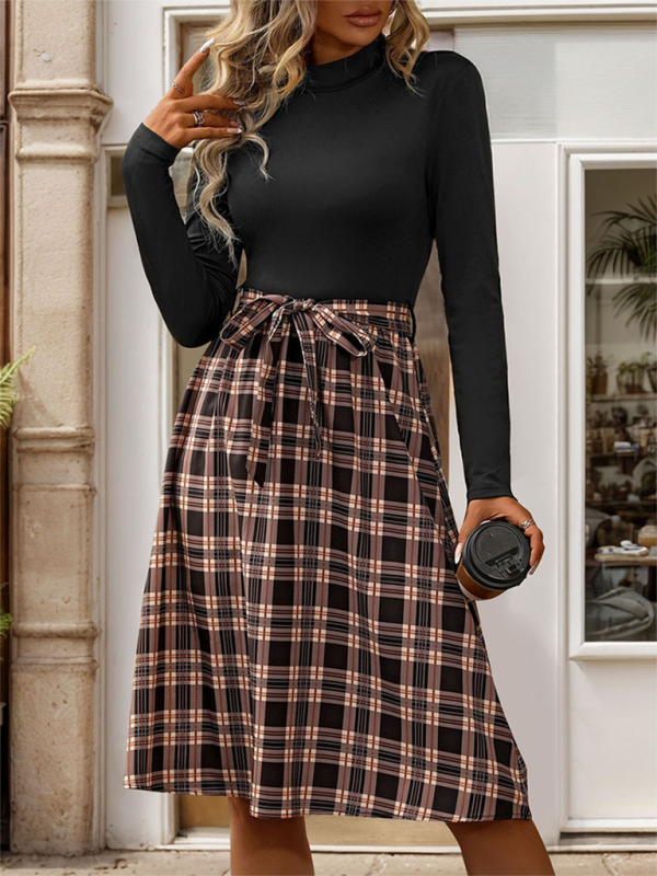 New style stand-up collar slim fit elegant plaid long skirt splicing dress