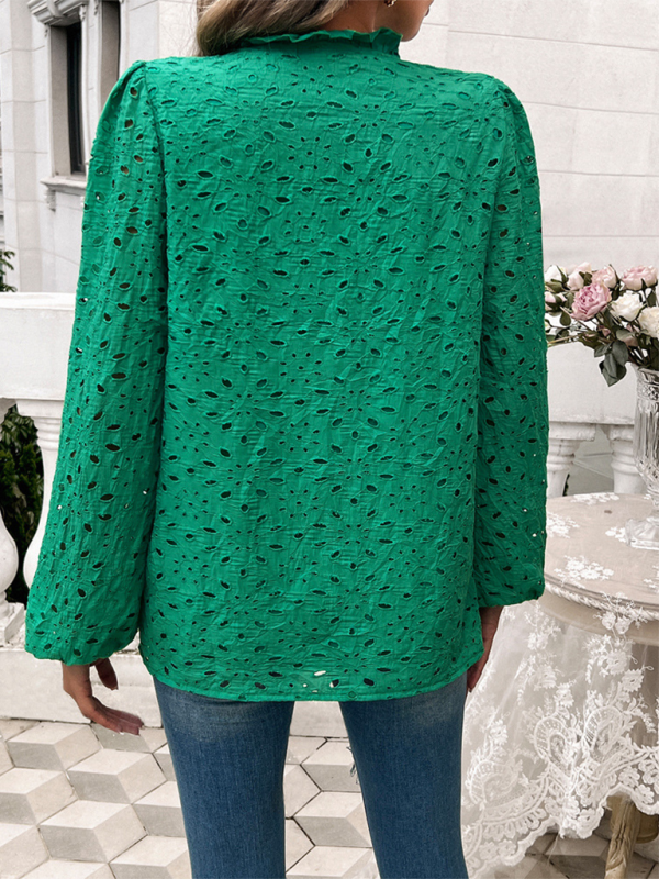 Women's hollow puff sleeve embroidered top