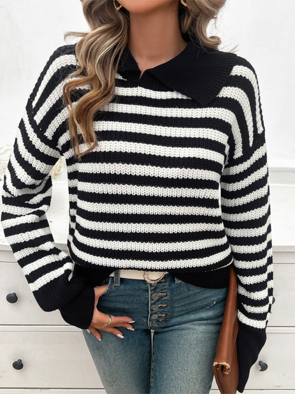 Women's Casual Loose Lapel Striped Long Sleeve Sweater – detail view