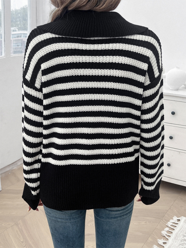 Women's Casual Loose Lapel Striped Long Sleeve Sweater – lifestyle view