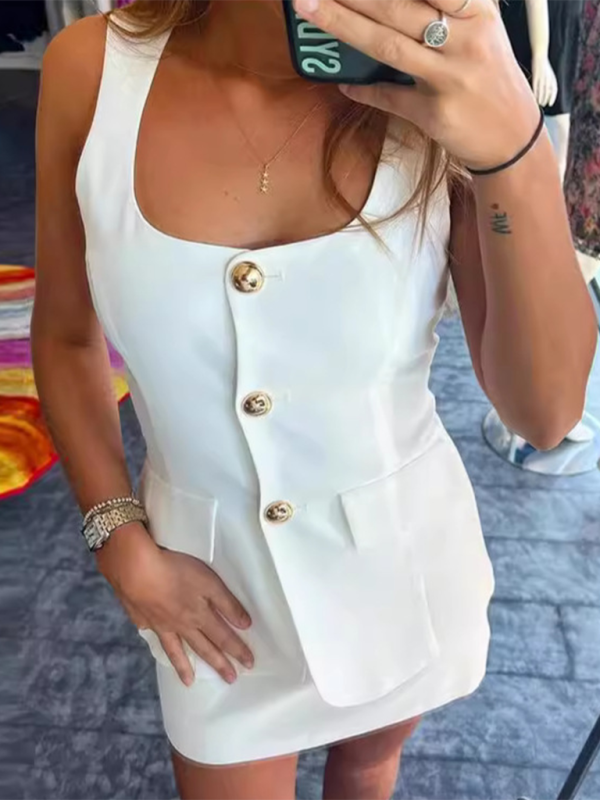 New single-breasted square collar sleeveless tops slim fit hip sexy women's fashion two-piece suit