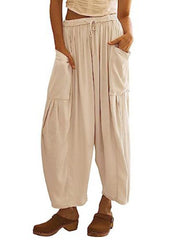 Damenhose mit elastischem Bund, Falten, hohem Bund und weitem Bein, lockere Freizeithose 