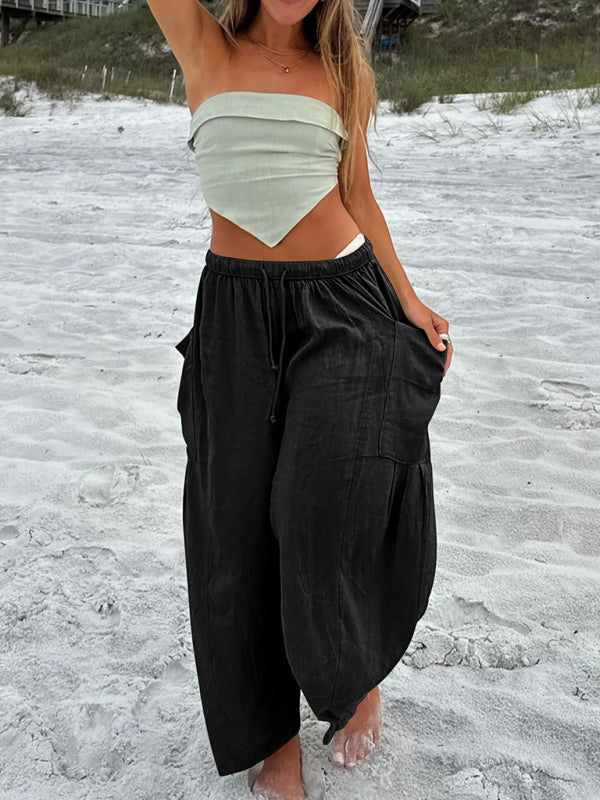 Damenhose mit elastischem Bund, Falten, hohem Bund und weitem Bein, lockere Freizeithose 