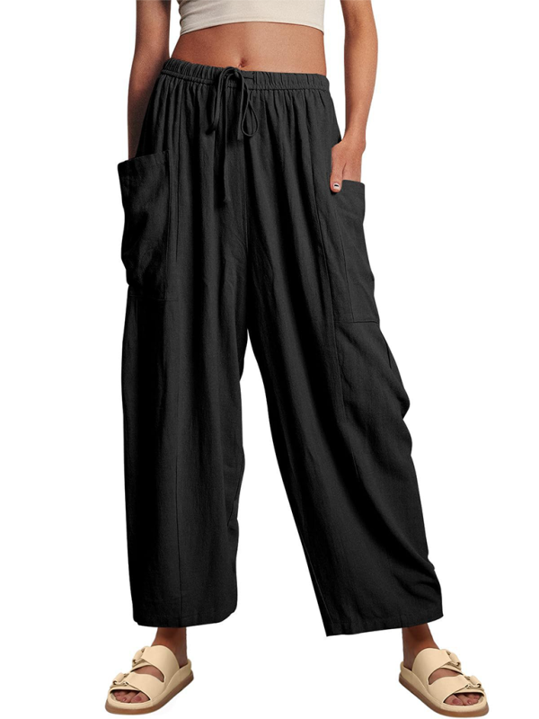 Damenhose mit elastischem Bund, Falten, hohem Bund und weitem Bein, lockere Freizeithose 