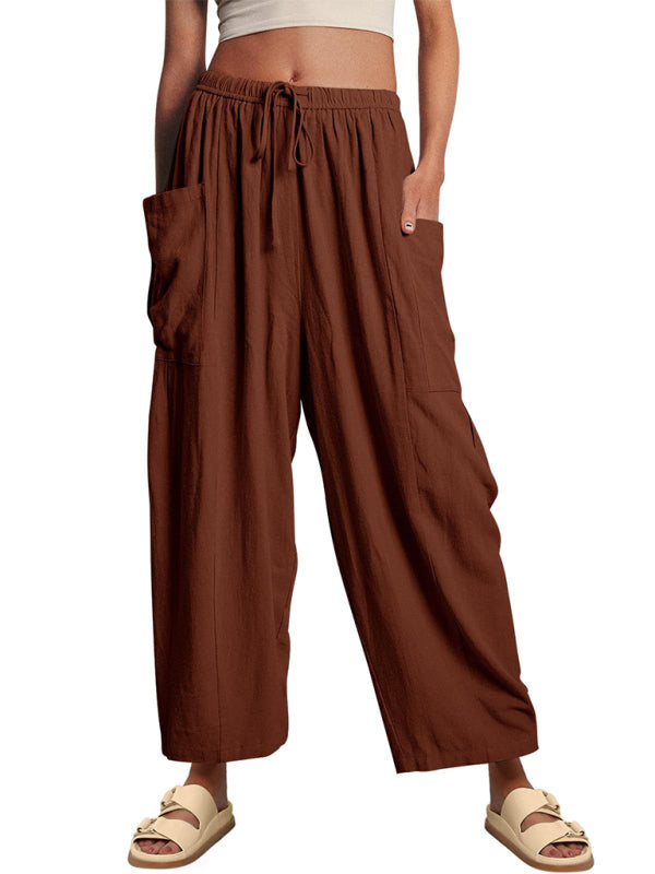 Damenhose mit elastischem Bund, Falten, hohem Bund und weitem Bein, lockere Freizeithose 