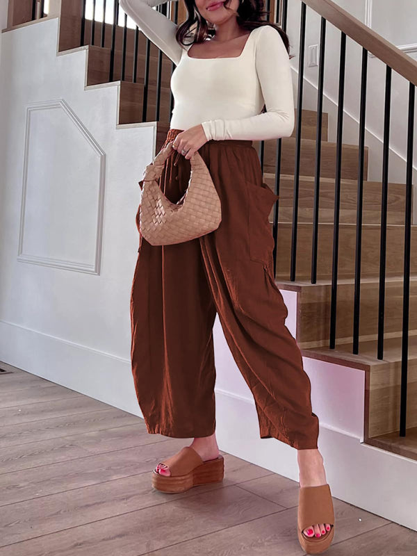 Damenhose mit elastischem Bund, Falten, hohem Bund und weitem Bein, lockere Freizeithose 