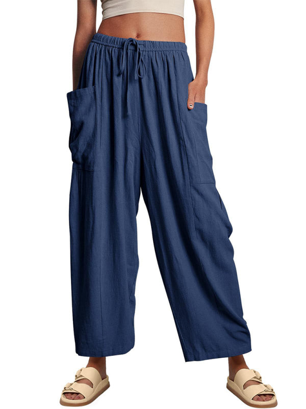 Damenhose mit elastischem Bund, Falten, hohem Bund und weitem Bein, lockere Freizeithose 