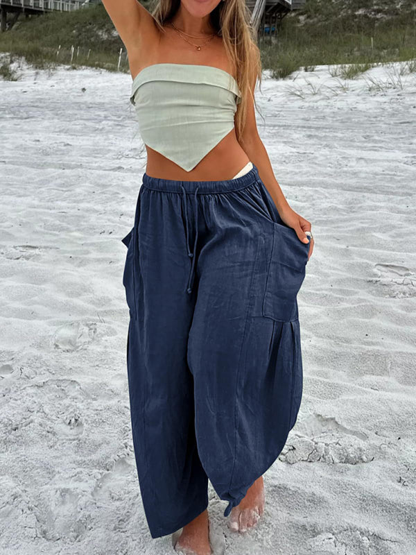 Damenhose mit elastischem Bund, Falten, hohem Bund und weitem Bein, lockere Freizeithose 