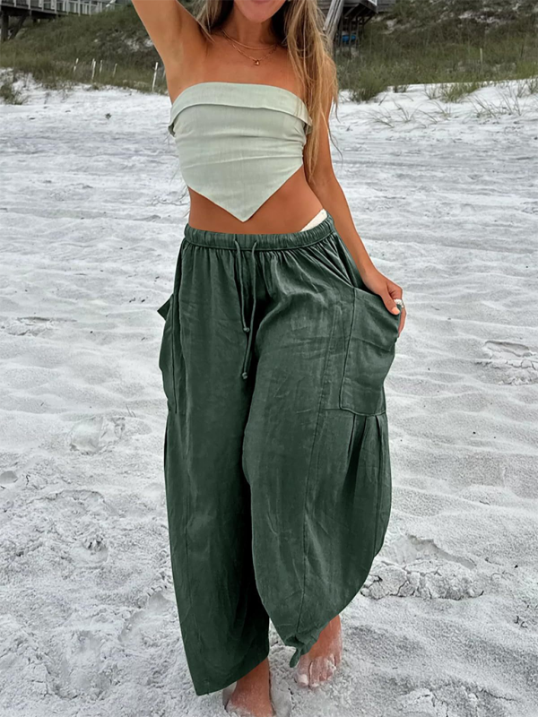 Damenhose mit elastischem Bund, Falten, hohem Bund und weitem Bein, lockere Freizeithose 