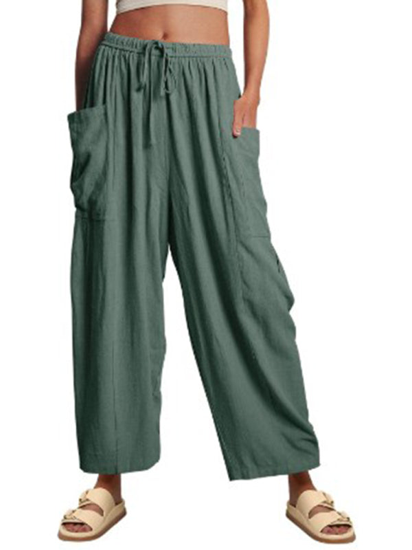 Damenhose mit elastischem Bund, Falten, hohem Bund und weitem Bein, lockere Freizeithose 